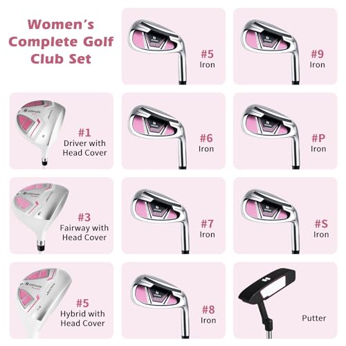 Tangkula 12 Pieces Women’s Complete Golf Club Set Right Hand, Golf Club Package Set with 460CC #1 Driver & #3 Fairway & #5 Hybrid & #5/#6/#7/#8/#9/#P/#S Irons, Putter, Portable Golf Cart Bag