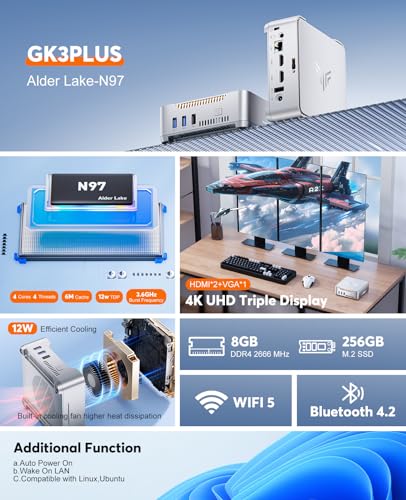 KAMRUI GK3 Plus N97 Mini PC,12th Alder Lake N97 CPU(3.6GHz) Mini Desktop Computers,8GB RAM 256GB PCIe M.2 SSD Micro pc,Gigabit Ethernet,4K UHD,WiFi5,BT4.2,VESA for Home Business Office