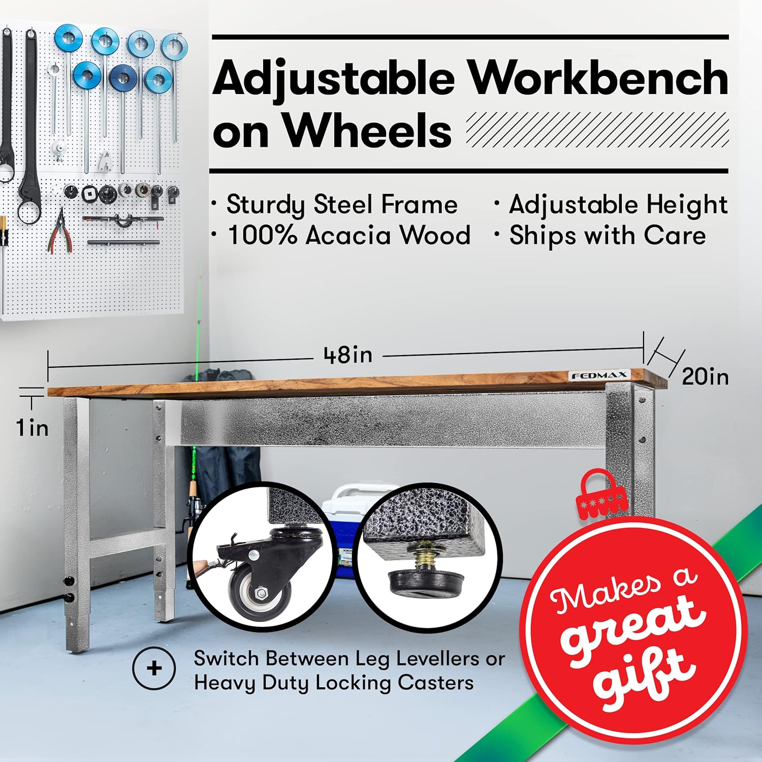 Fedmax Work Bench - 61-inch x 28 to 44-inch Acacia Wood Garage Work Table with Caster Wheels and Adjustable Height Legs - Tool Benches for Home Improvement