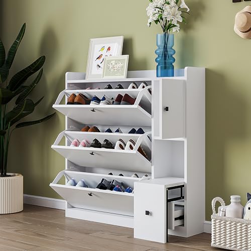 Entryway Shoe Storage Cabinet Slim with 3 Flip Drawers, Modern Slim Hidden Shoe Cabinet, Free Standing Shoe Rack for Entryway 24 Pair Shoes with Pull-Down Seat for Hallway (Black)