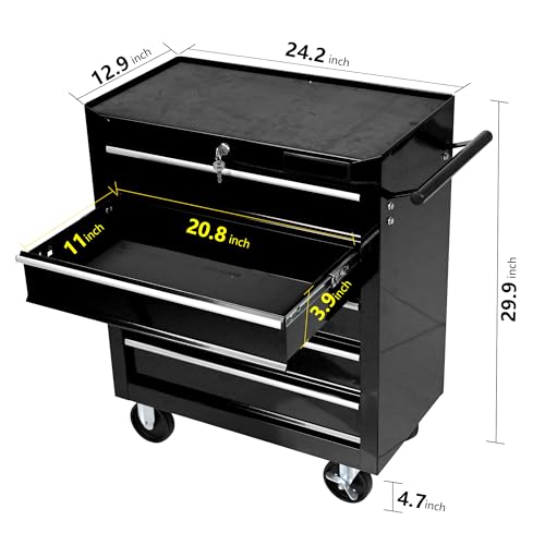 Rolling Tool Chest, 5-Drawer Rolling Tool Box With Interlock System And Wheels For Garage, Warehouse, Workshop, Repair Shop (Black)