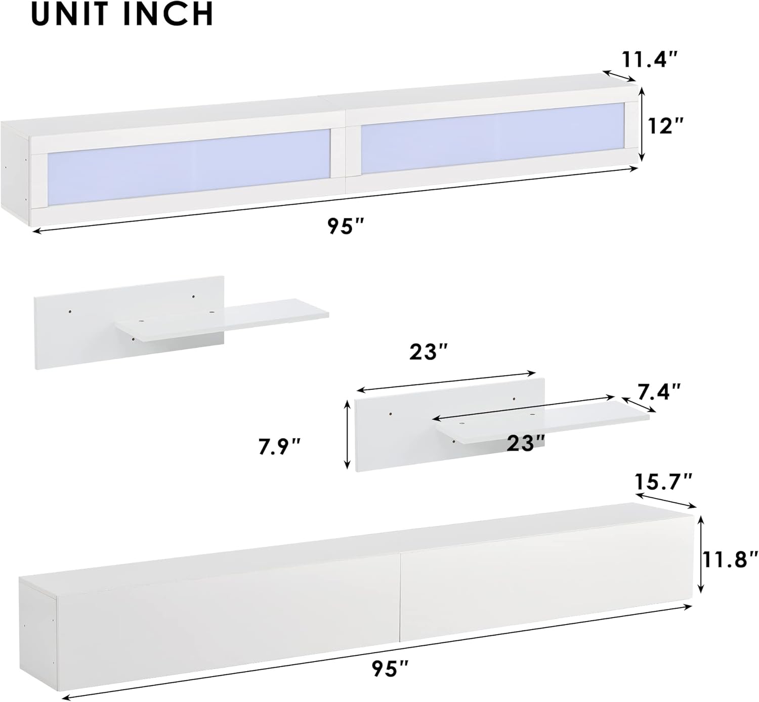 Wall Mount Floating Entertainment Center with 4 Storage Cabinets and 2 Shelves, Modern High Gloss TV Stand for Televisions up to 95+ Inch, Gaming Media Console w/LED Lights for Living Room