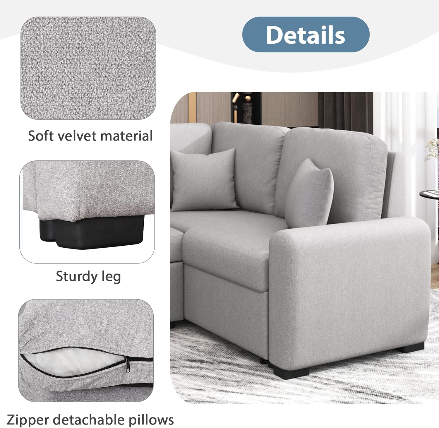 LUMISOL 87.4" L-Shape Sectional Sofa with USB Charging Port and Plug Outlet, Pull-Out Sofa Bed with 3 Pillows for Living Room Small Apartment, Grey
