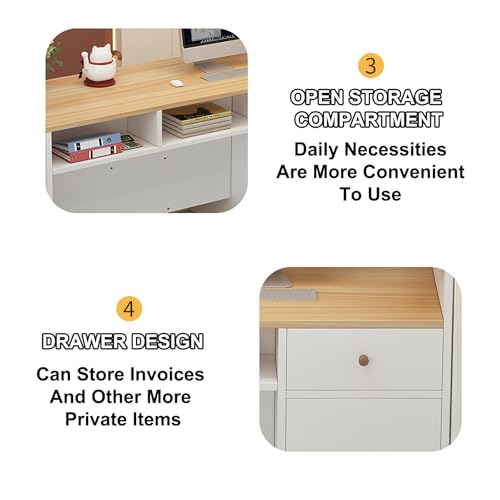 Front Desk Reception Counter, Retail Checkout, Modern Cashier Cabinet, Wooden Cashier Counter with Storage Space for Clothing Salon Shop Hotel(White+Grey+Right High)