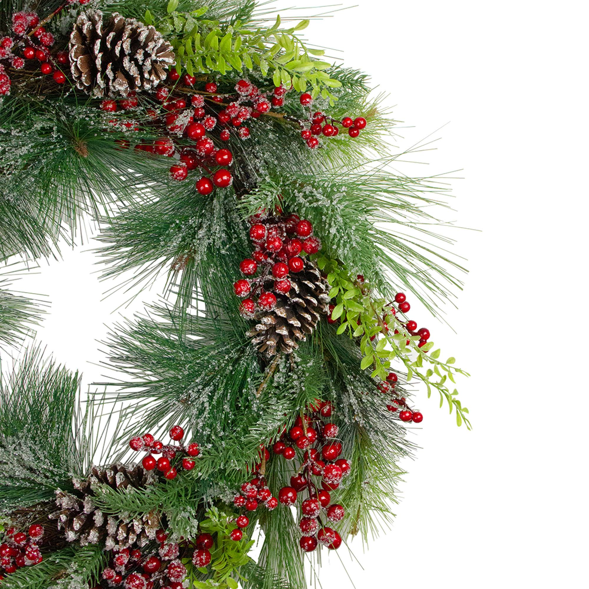 Northlight Iced Red Berries and Mixed Pine Artificial Christmas Wreath- 32 -in Unllit in Green | 33650117