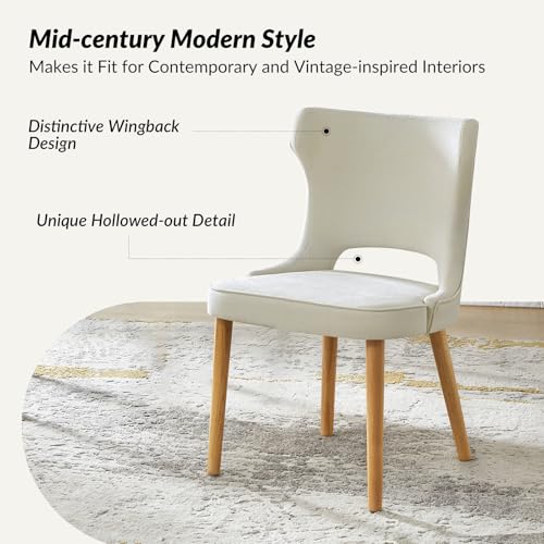 HULALA HOME Dining Chairs Set of 4, Upholstered Fabric Side Chair with Wood Legs High Back, Mid-Century Modern Kitchen Chairs, Curved Back Side Chairs for Dining Room Living Room(Ivory)