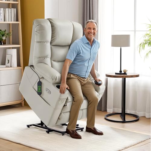 MCombo Large Triple Motor Power Lift Recliner Chair with Massage and Dual Heating, Adjustable Headrest for Tall Elderly People, Faux Leather 7634 (Dark Brown, Large)