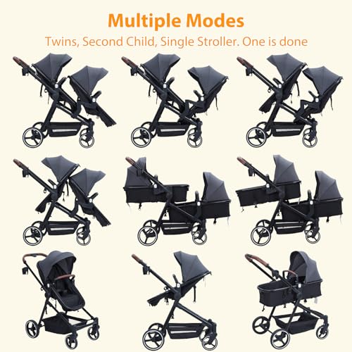 GAOMON Double Stroller Track Tandem Stroller for Infant and Toddler, Foldable Pushchair Bassinet Pram, Multi-Position Reversible & Adjustable Backrest, Large Storage Basket and Canopy, Light Gray