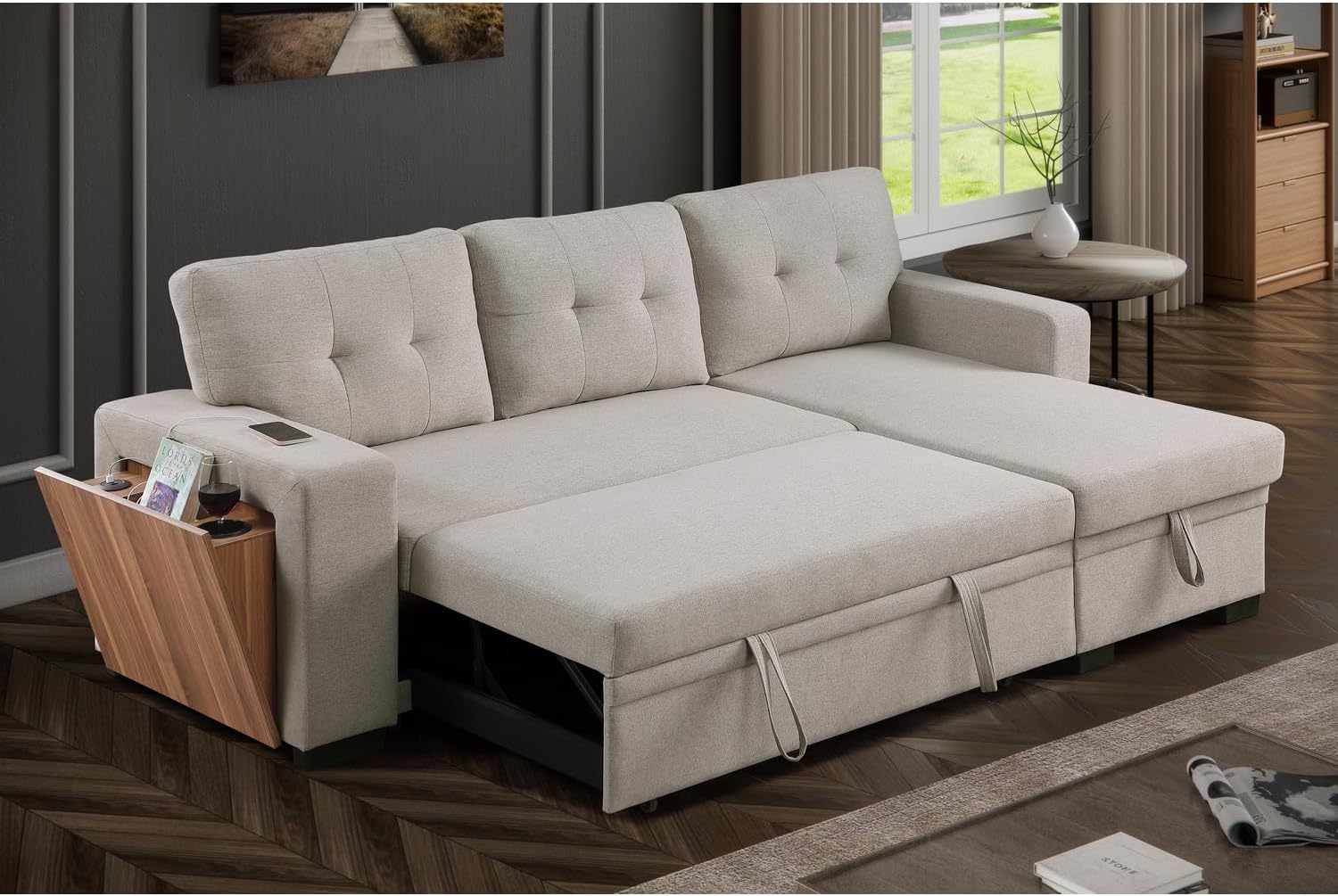 Devion Furniture 92" W Modern L-Shaped Polyester Fabric Upholstered Reversible Side Compartment Sleeper Sectional Sofa Bed with Chaise in Light Gray Finish
