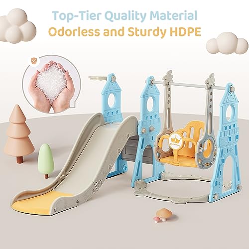 4-in-1 Toddler Slide and Swing Set with Extra Large Playground, Basketball Hoop & Climber, Indoor/Outdoor Playset, Castle Collection - Blue & Yellow