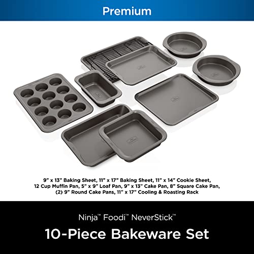 Ninja Foodi NeverStick Premium Bakeware Sheet Set, Oven Safe up to 500⁰F, with Baking Sheet, Loaf Pan, 12 Cup Muffin Pan, & Round Cake Pans, Grey