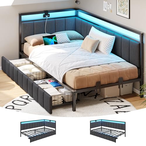 DICTAC Corner Full Bed Frame with 2 Storage Drawers and Charging Station Full Size Platform Bed Frame with Led Lights and Upholstered Guardrail Daybed for Living Room, Bedroom and Guest Room, Gray