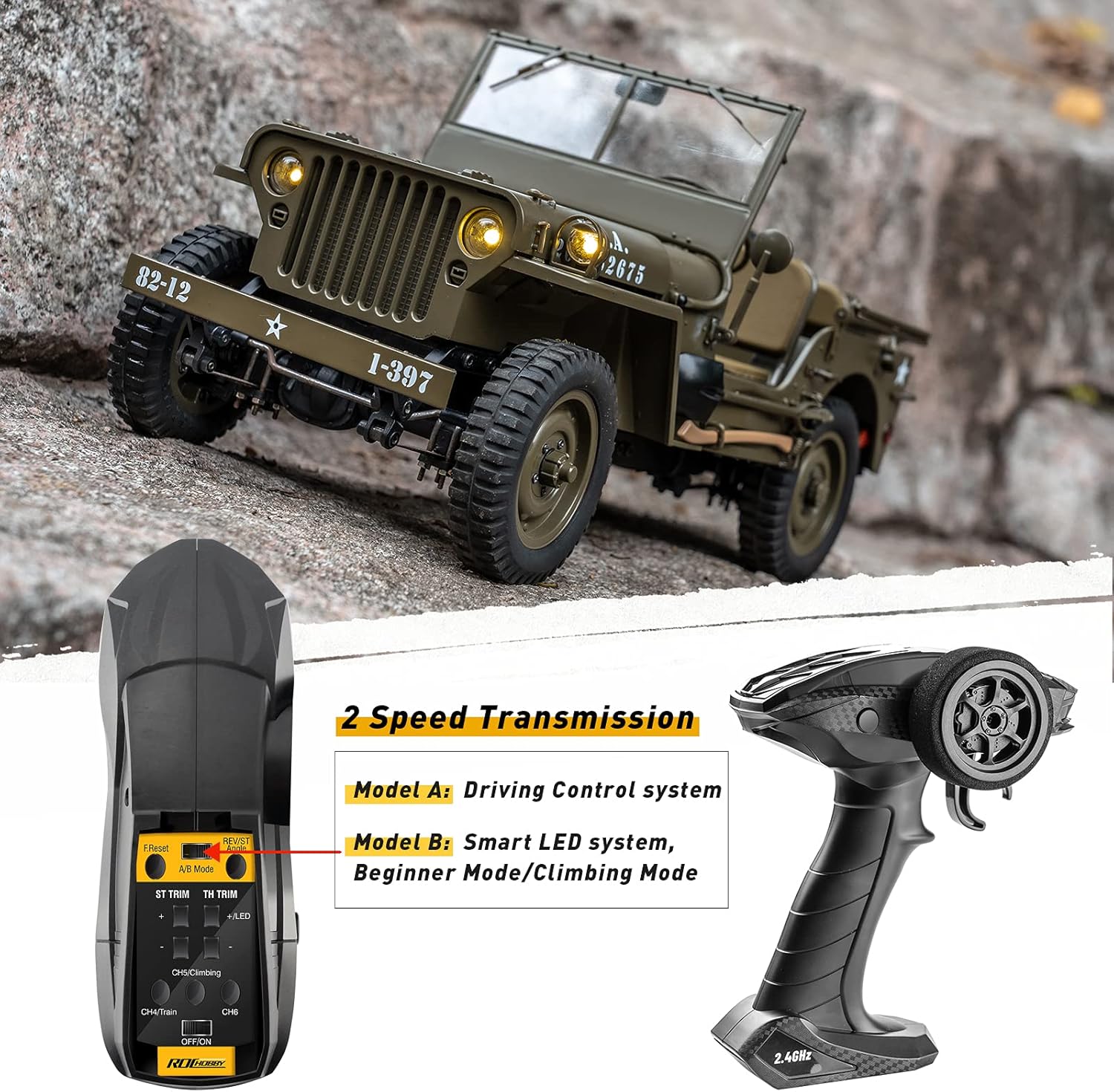 RocHobby 1/12 1941 MB Scaler RC Jeep, 4x4 Hobby Grade RTR RC Car Mini RC Rock Crawler Military, 2.4Ghz RC Truck with 180 Brushed Motor, LED Lights, Battery and USB Charger for Adults