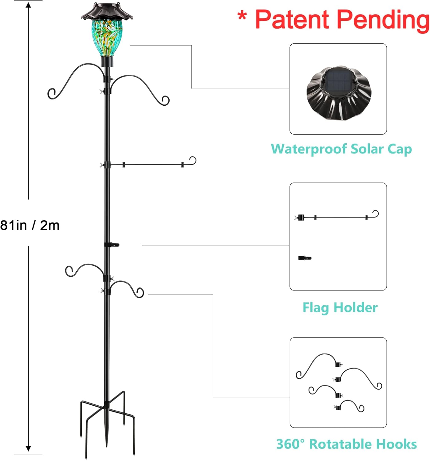 LUJII Solar Shepherds Hooks with Hand Blown Glass Hummingbird Feeder, Adjustable 4 Arms and 1 Flag Holder, Heavy Duty Garden Stand&Teal Hummingbird Feeder for Outdoor Decor, Lanterns