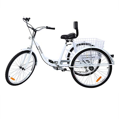 Iglobalbuy 6-Speed / 7-Speed Adult Tricycle, 24 Inch / 26 Inch Adult Trike 3-Wheel Bike Cruiser Bicycle with Shopping Basket