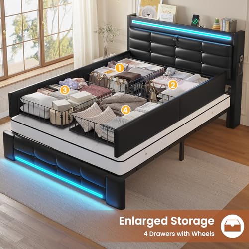 ADORNEVE Queen Bed Frame with Storage Headboard & 4 Drawers, LED Bed Frame Queen with Charging Station, Leather Upholstered Platform Bed Frame with Button Tufted, No Box Spring Needed, Black PU