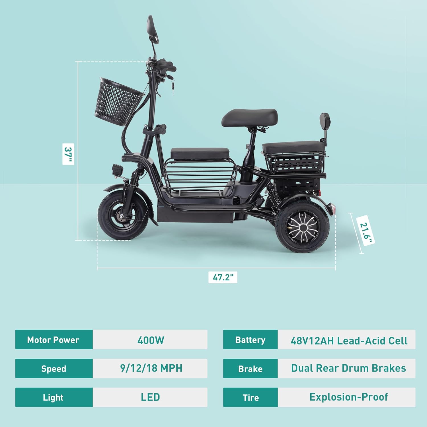 Electric Bike for Adults Seniors Foldable Tricycle w/3 Seats, 3-Wheel Adult Electric Bicycles Trike Ebike Cruiser with Baskets for Shopping Cycling, LED Display, Lights, 48V 400W, Black