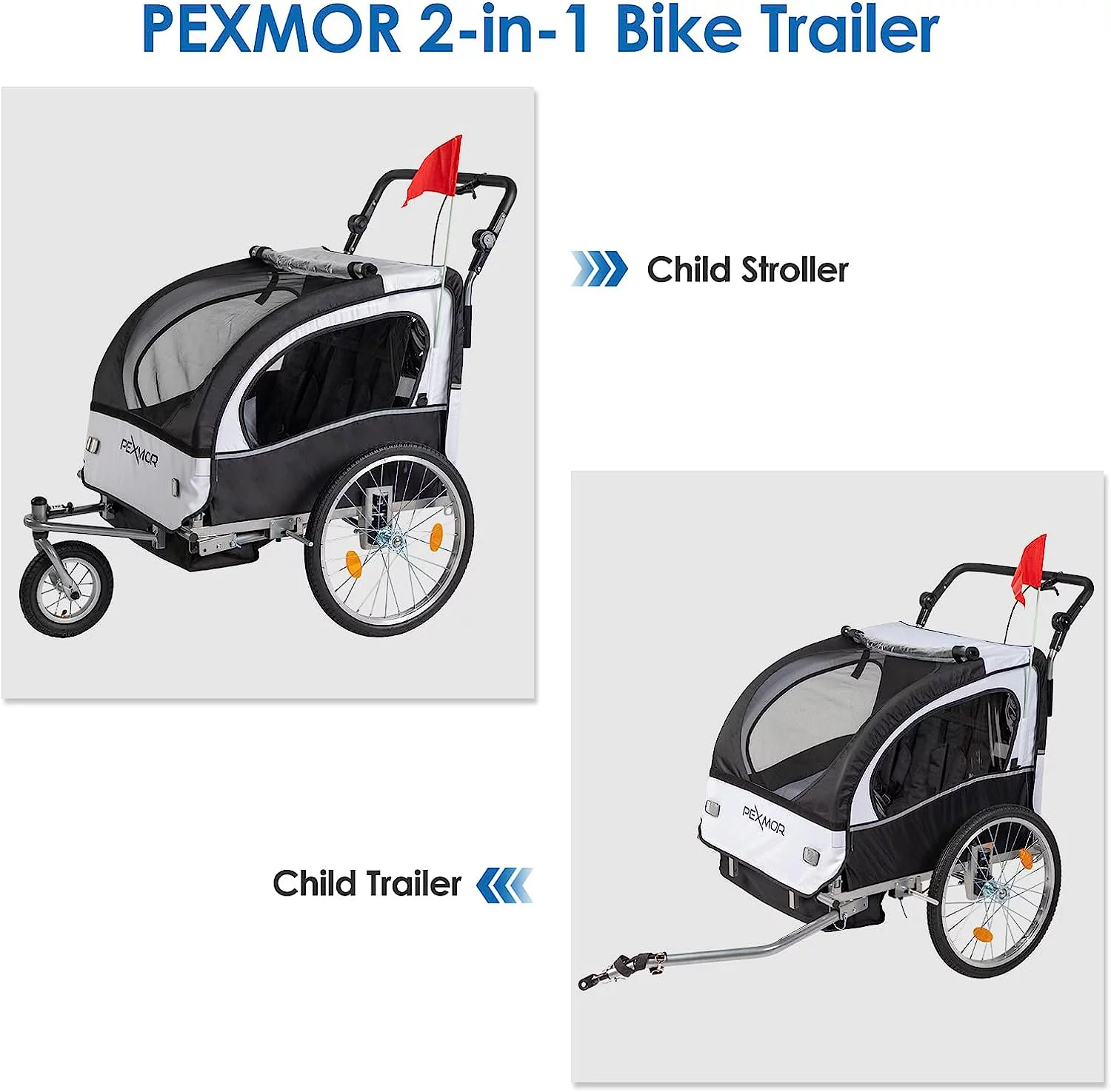 PEXMOR 2-in-1 Bike Trailer for Kids 2 Seat,Child Bicycle Trailer Bike Stroller w/Safety Harnesses & Shock Absorber,Pull Behind Baby Bike Trailer Carrier w/Universal Hitch & 360 Swivel Wheel