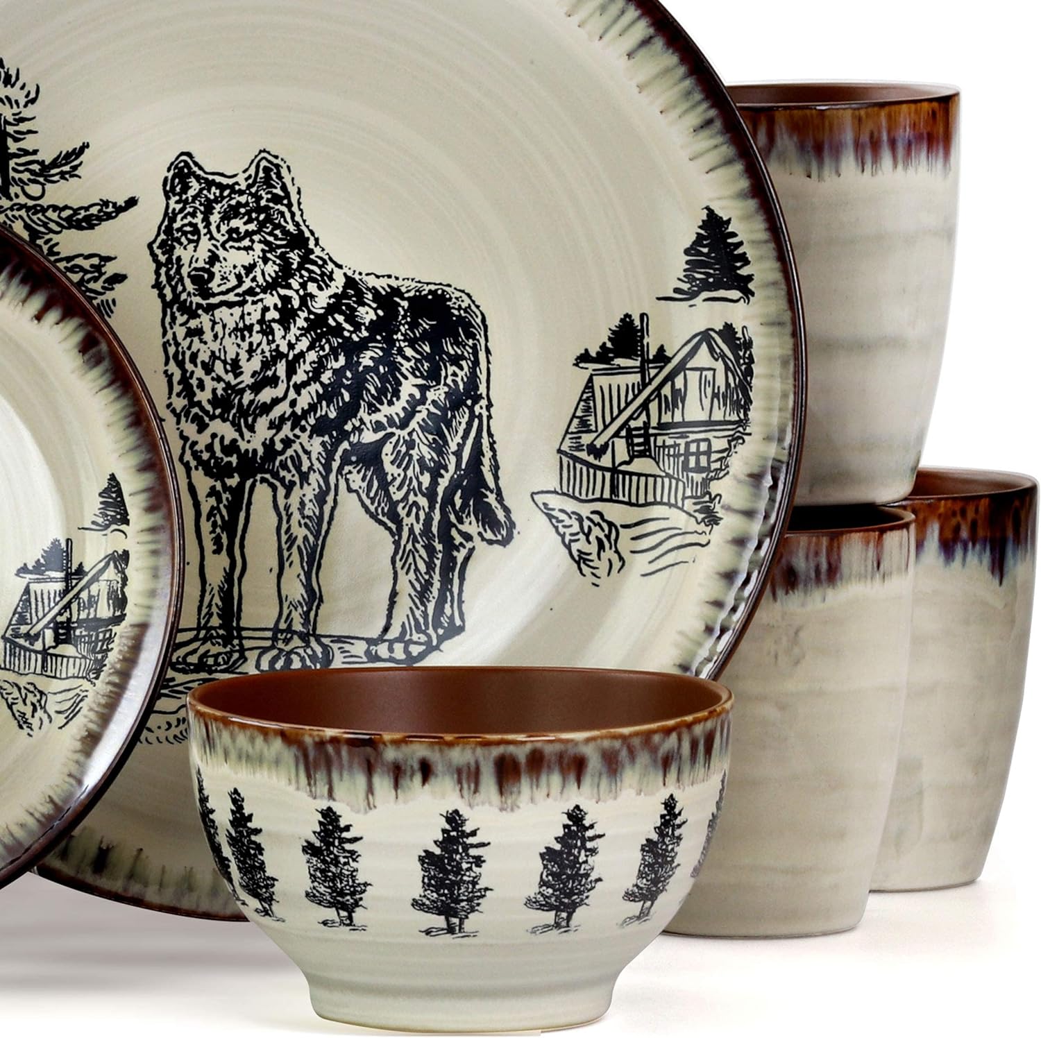 Round Stoneware Cabin Dinnerware Dish Set, 16 Piece, Design With Warm Taupe And Brown Accents