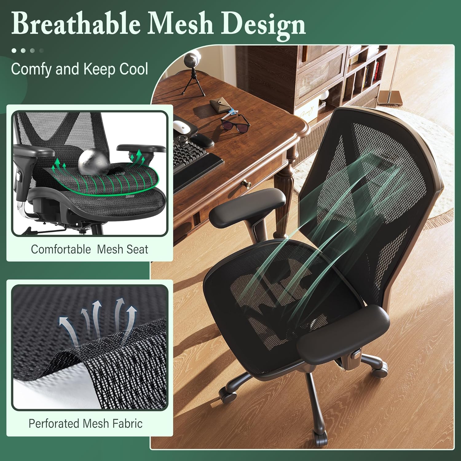 K095 Executive Office Chair,Big and Tall Ergonomic Office Desk Chair with Adjustable Lumbar Support,3-D Arms,High Back Home Office Chairs,Wide Seat and Tilt-Function,Swivel Mesh Office Chair