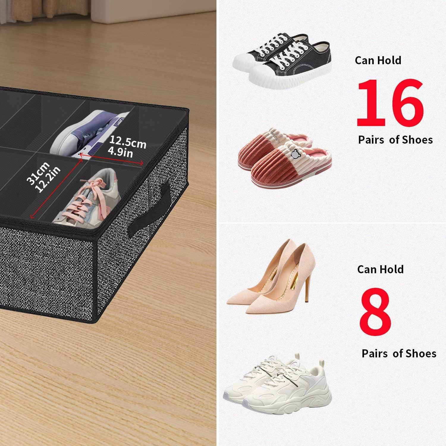 Under Bed Shoe Storage Organizer with Sturdy Handles and Clear Window  Premium Foldable Underbed Shoes Container Box for Closet, Linen-like Black