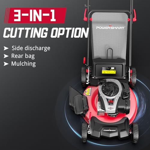PowerSmart Self Propelled Gas Lawn Mower, Briggs and Stratton E550 140cc Engine, 21-Inch Steel Deck 3-in-1 Mulch, Bag, Side Discharge, 6-Position Dual Lever Height Adjustment