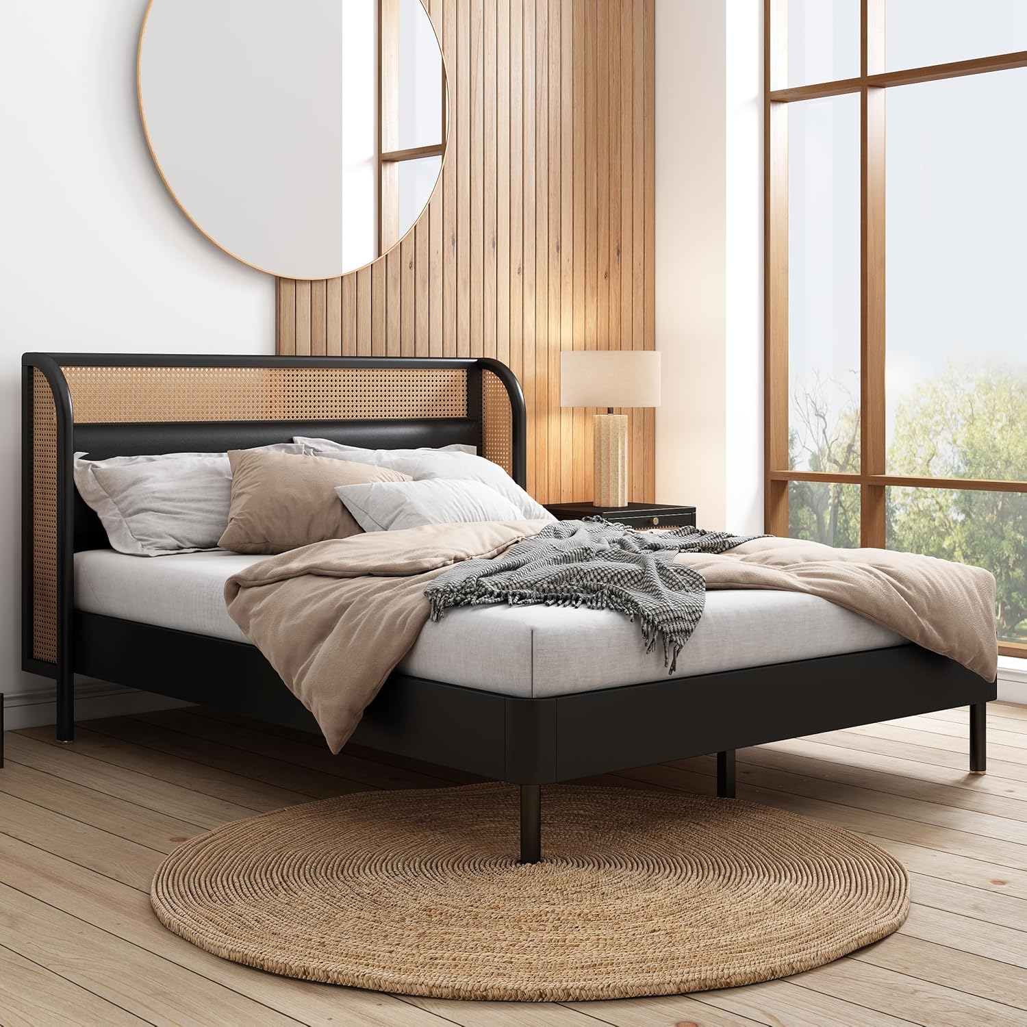 Rattan Platform Bed Queen Size with Wingback Headboard, Mattress Foundation w/Strong Wooden Slats, Modern Queen Bed Frame No Box Spring Needed, No Noise