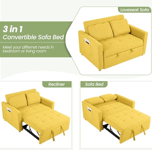 Convertible Sofa Bed, 3-in-1 Sleeper Sofa Pull Out Couch Bed, 2-Seater Linen Fabric Loveseat Futon Sofa with Spring Support, Adjustable Backrest for Small Spaces, Living Room, Navy Blue