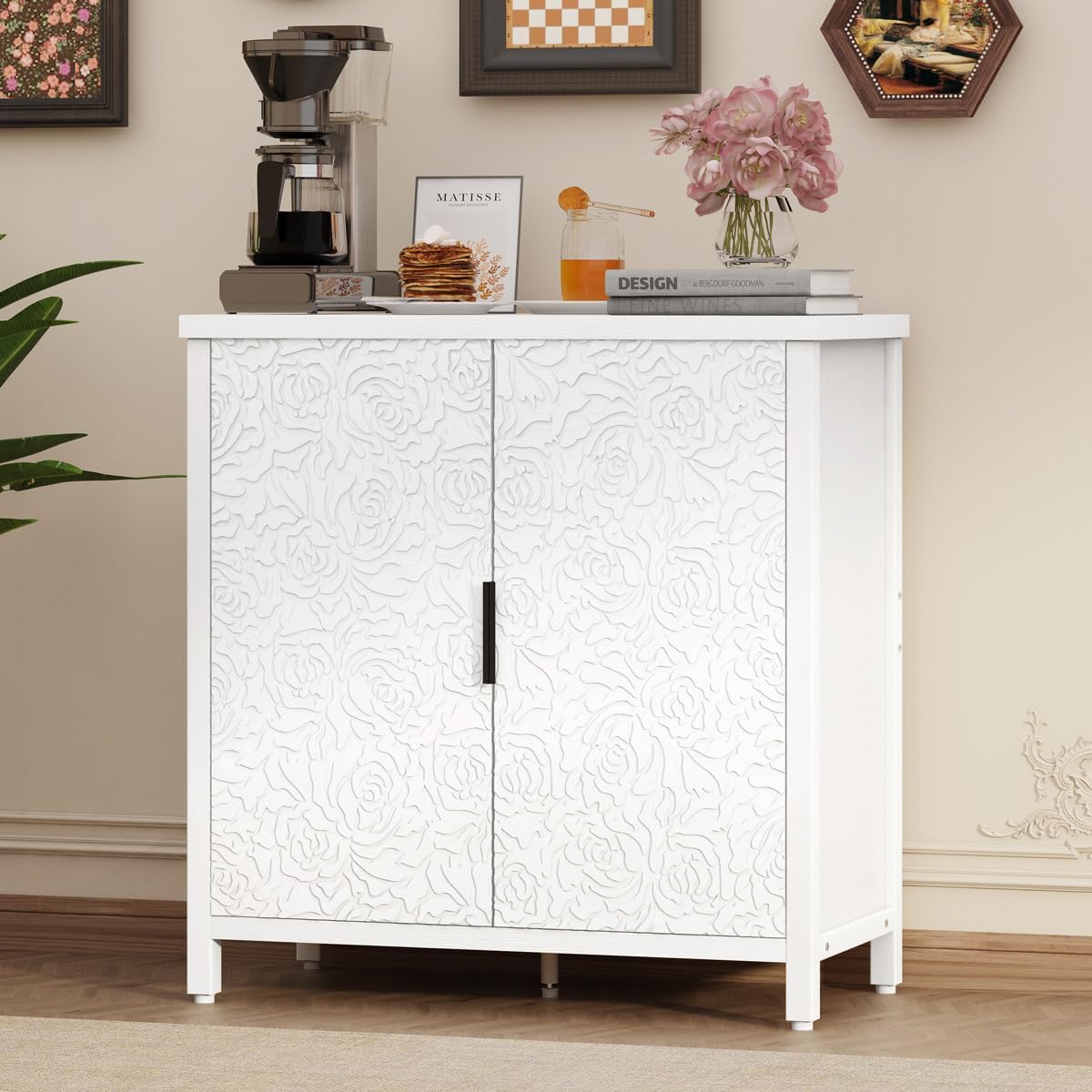BON AUGURE Buffet Cabinet with Storage, Kitchen Sideboard Storage Cabinet with Doors and Shelves, Wood Credenza Coffee Bar Cabinet for Home, Modern Accent Cabinet for Entryway (White Floral)