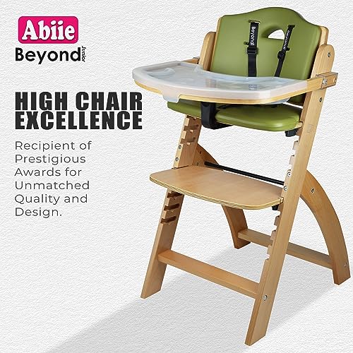 Abiie Beyond Junior Wooden High Chair with Tray - Convertible Baby Highchair - Adjustable High Chair for Babies/Toddlers/6 Months up to 250 Lbs - Stain & Water Resistant Mahogany Wood/Olive Cushion
