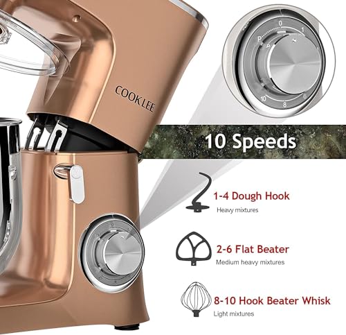 COOKLEE Stand Mixer, 9.5 Qt. 660W Electric Kitchen Mixer with Dishwasher-Safe Dough Hooks, Flat Beaters, Wire Whip & Pouring Shield Attachments for Most Home Cooks, Silver