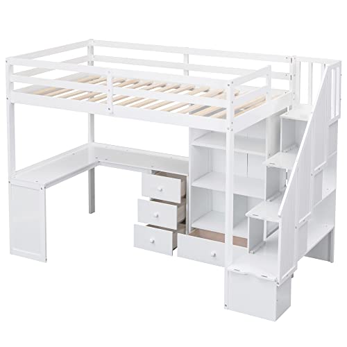 Harper & Bright Designs Twin Size Loft Bed with Storage Stairs, Wood Loft Bed with Wardrobes Space Saving Loftbed Frame for Kids & Teens Bedroom, White