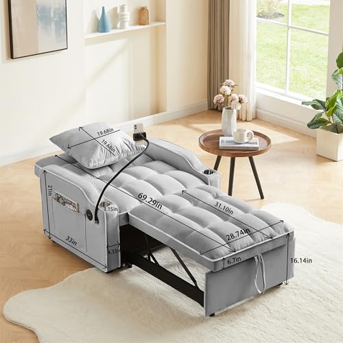 GERRIT Velvet Convertible Sleeper Sofa Chair Bed, 3 in 1 Multi-Functional Lounge Chair Sleeper, Pull Out Couch Guest Bed with USB Port & Cup Holder for RV, Living Room, Small Spaces (Grey)