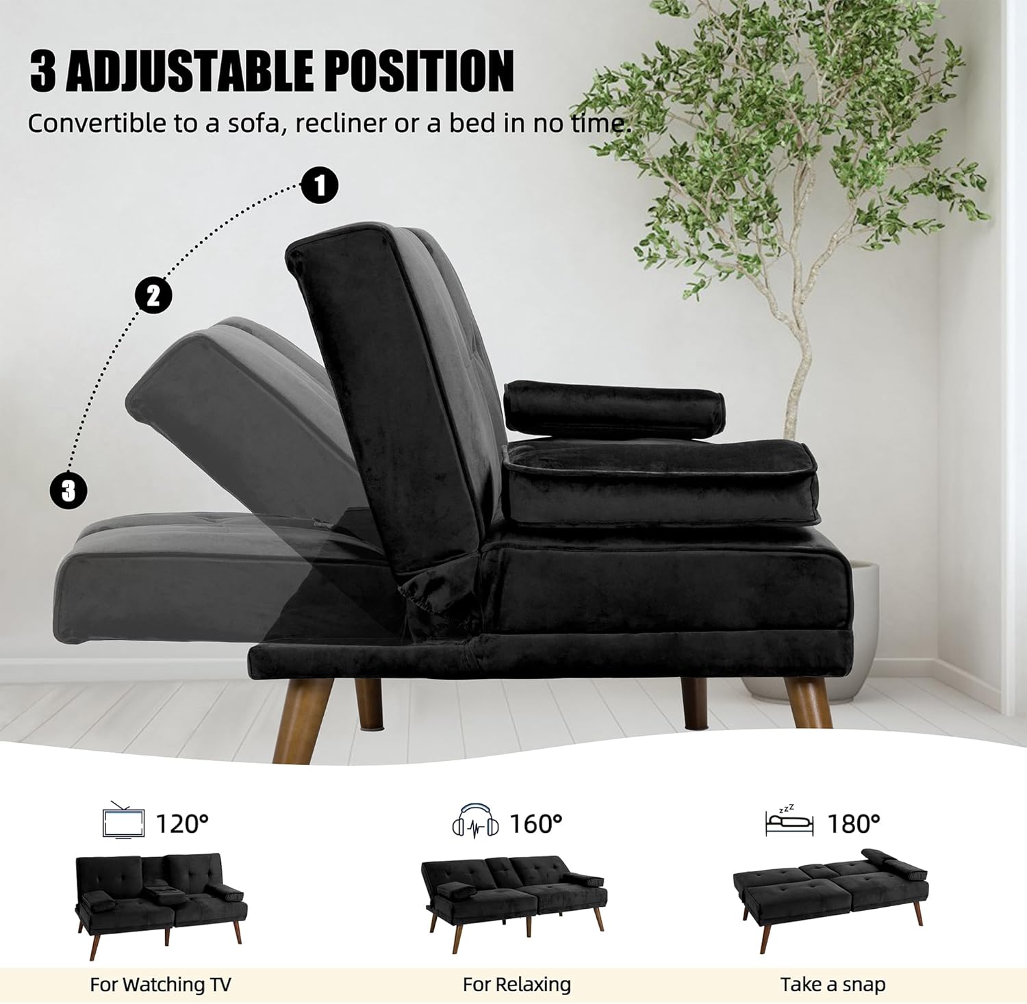 Shintenchi 60" Small Loveseat, 3 in 1 Cute Convertible Sofa Bed, Modern Futon Recliner Sleeper w/2 Cup Holder, Upholstered Folding Couch for Small Space, Black