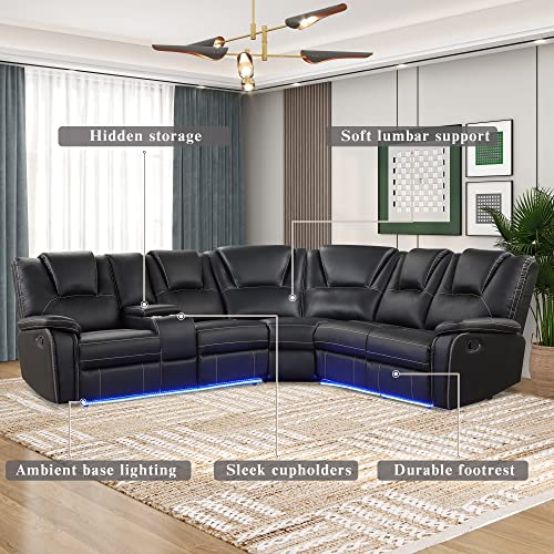 PU Leather Living Room Set Manual Reclining Sectional Sofa w/Infinite Lounge&Metal Frame for Home Office,Multi-functional Leisure Sofa Recliner Couch w/LED,Cup Holders&Hidden Arm Storage for 6 (Brown)