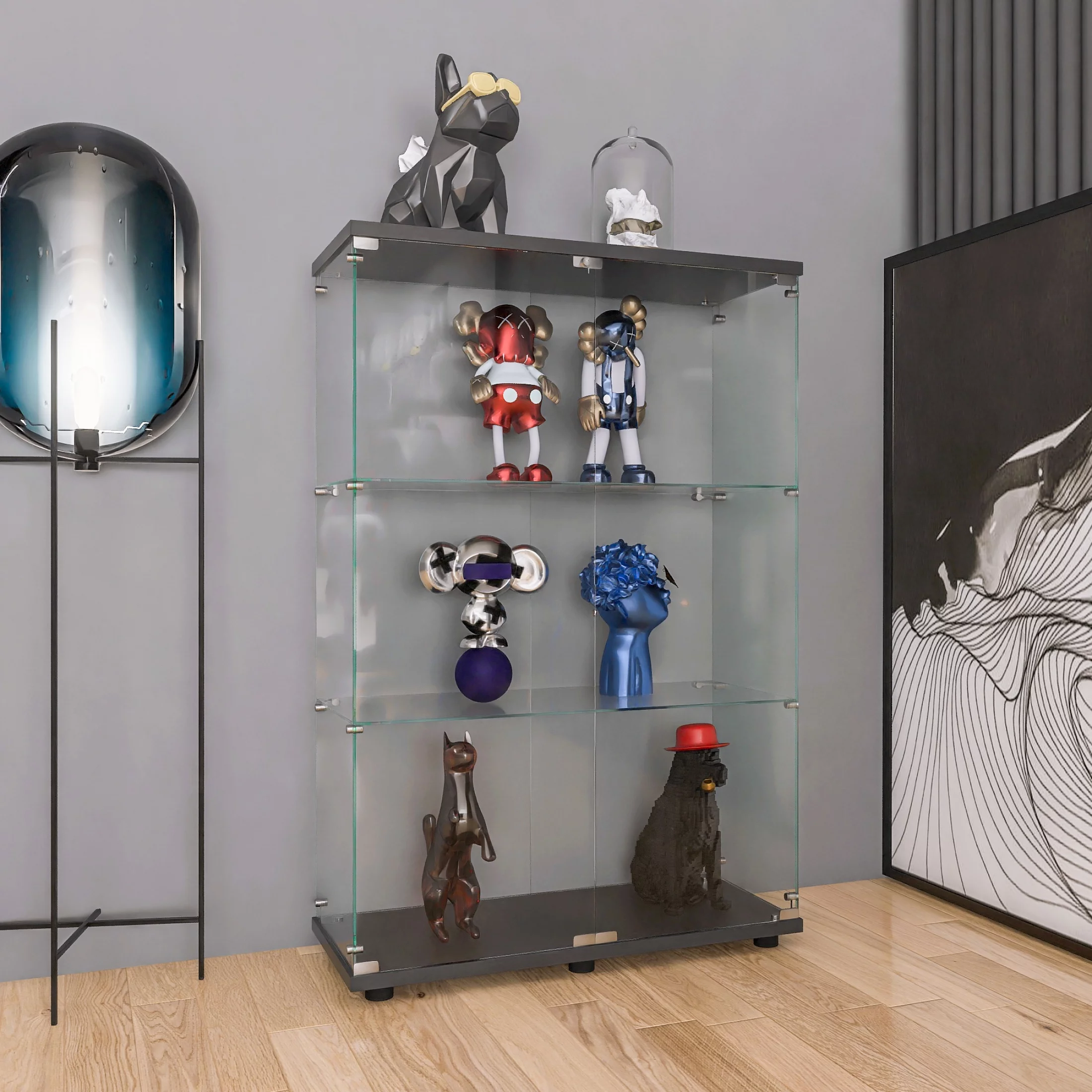 Two-door 3 Shelves Glass Display Cabinet with Door, Floor Standing Curio Bookshelf for Living Room Bedroom Office, 49.49” x 31.77”x 14.37”, Black