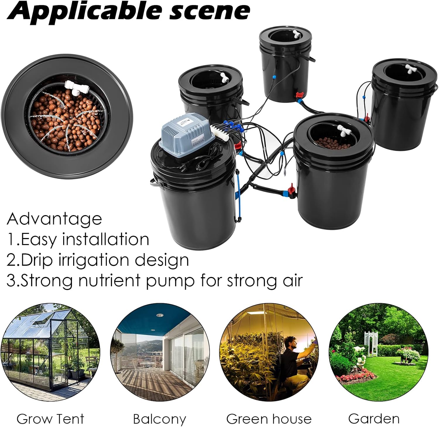 Hydroponics Growing System 5 Gallon DWC Hydroponic Bucket Kit Multi Barrel Hydroponic Machine Drip Irrigation System for Vegetables (4 Bucket + Reservoir Kit)