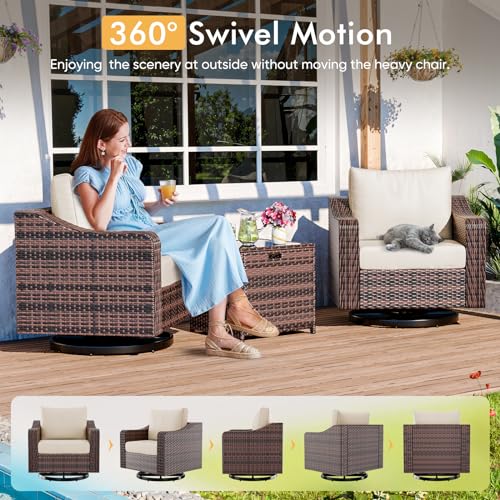 Outdoor Patio Furniture Set,6 Pieces Heavy Duty Wicker Patio Furniture with Fire Pit Table, Larger Seat Soft Cushion, Patio Conversation Set with Swivel Chair for Porch,Deck,Backyard,Grey