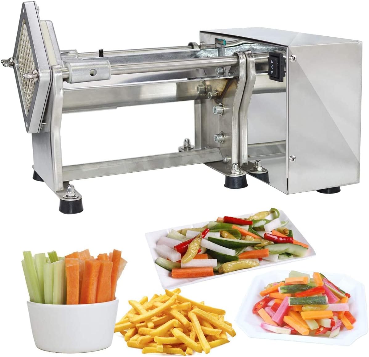 Electric French Fry Cutter Automatic Potato Chip Cutter Commercial French Fries Chips Maker Stainless Steel Electric Potato Slicer with 6mm 9mm 13mm Blade