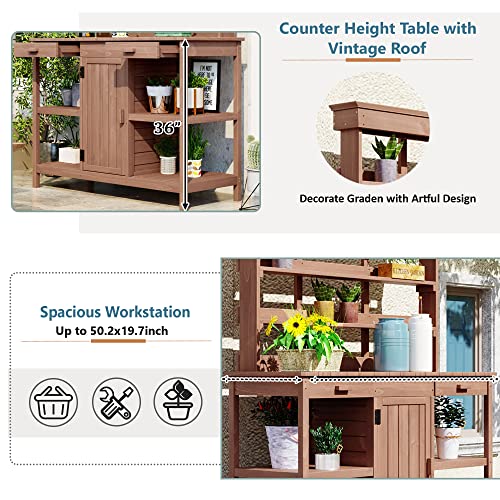 Outdoor Wooden Potting Bench Table – Farmhouse Garden Workstation with Drawers, Cabinet & Storage Shelves, Large Fir Wood Work Table for Patio, Backyard, Mudroom, Greenhouse (Light Brown, 66''H)