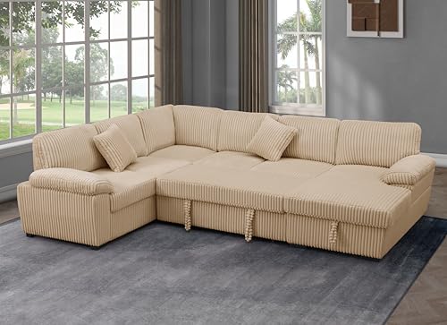 Oversized U-Shaped Sectional Sofa Couch Plush Corduroy Upholstered Modular Deep Seat Sofa&Couch Sectional W/Right Facing Chaise Lounge and 7 Toss Pillows for Home Apartment Living Room Furniture Sets