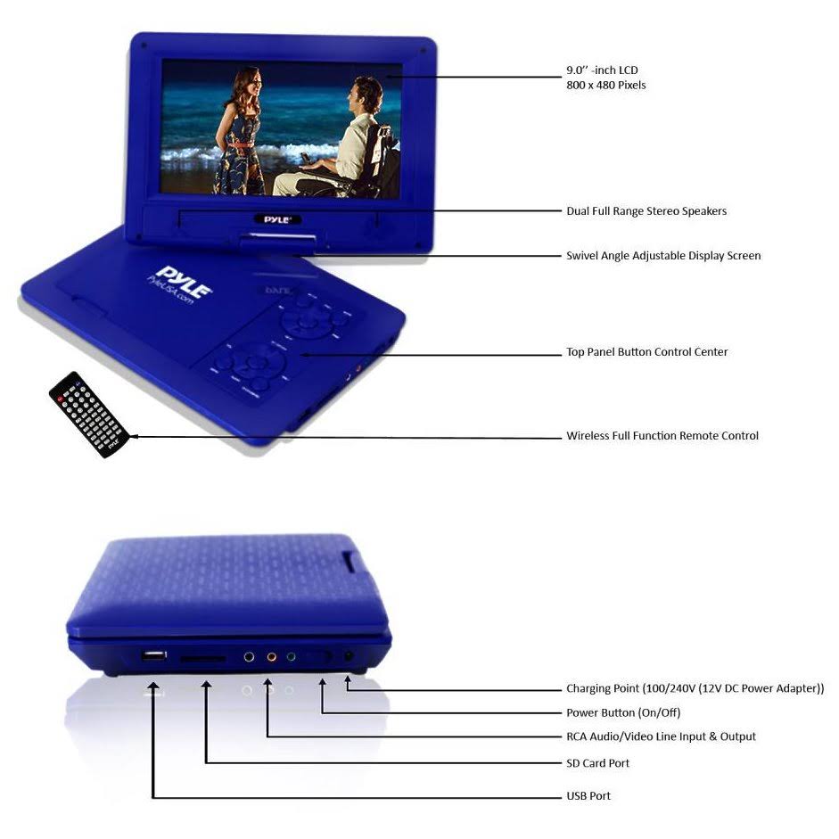 Pyle 9x22 Portable CD/DVD Player, Built-In battery, Usb/sd Card Memory Readers (Blue)