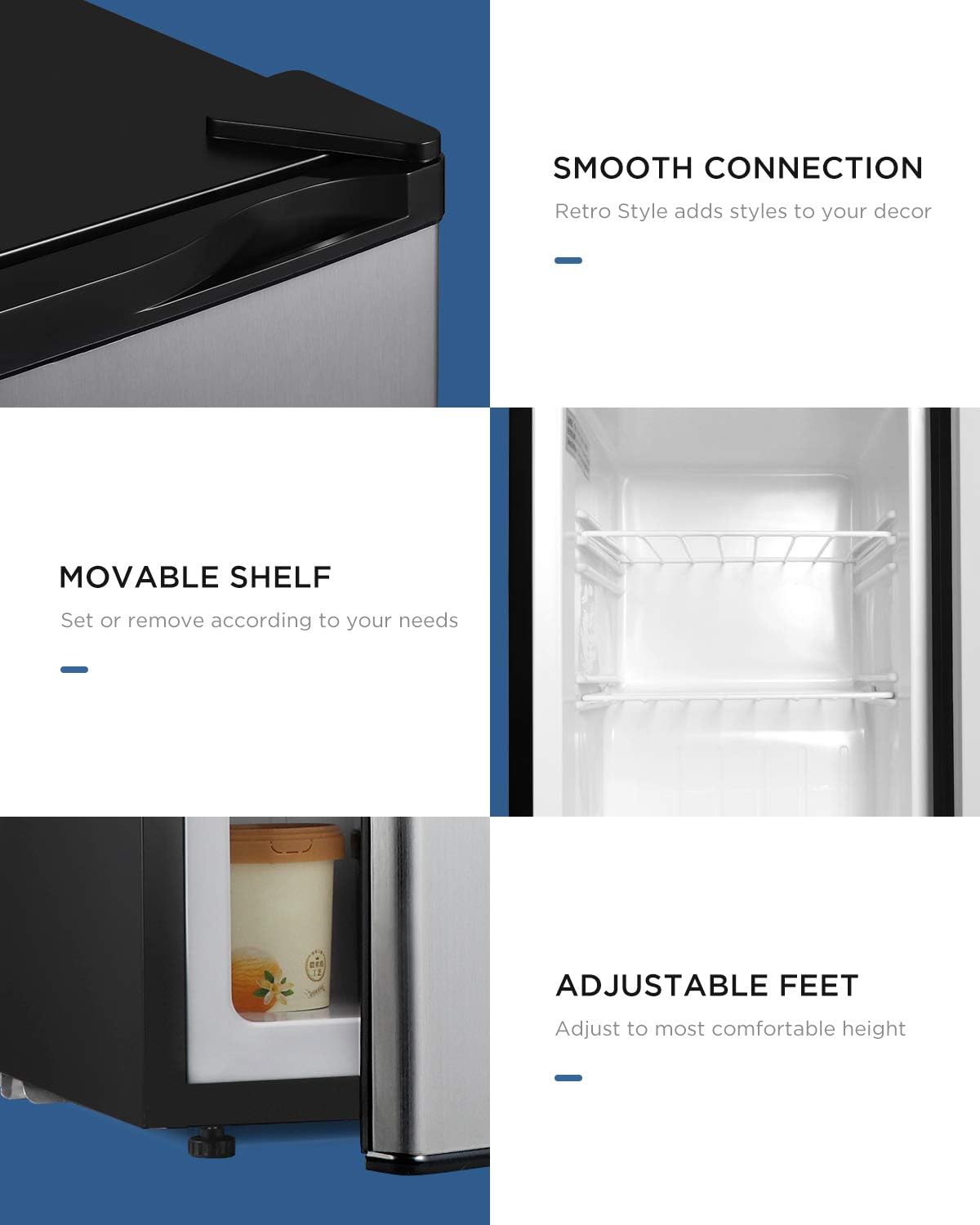 Upright Freezer - Compact Reversible Single Door Table Top Mini Freezer - Free Standing Freezing Machine with Removable Shelf for Office Dorm/Living Room/Apartment (Stainless-steel, 2.1 cu.ft)
