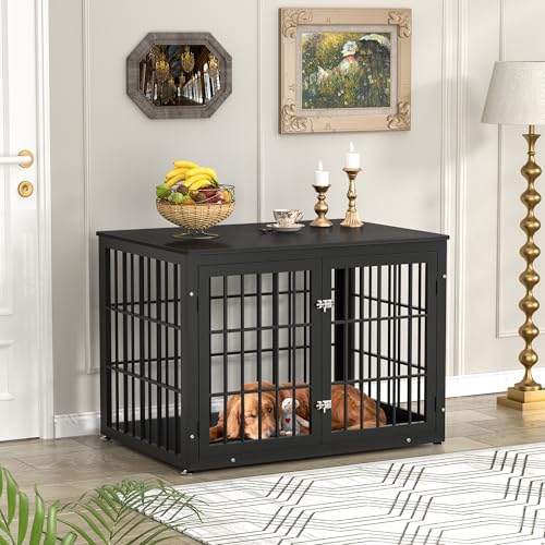 48 Inch Heavy Duty Dog Crate Furniture for Large Dogs, Decorative Pet House End Table, Extra Large Wooden Cage Kennel Furniture Indoor, Natural and White