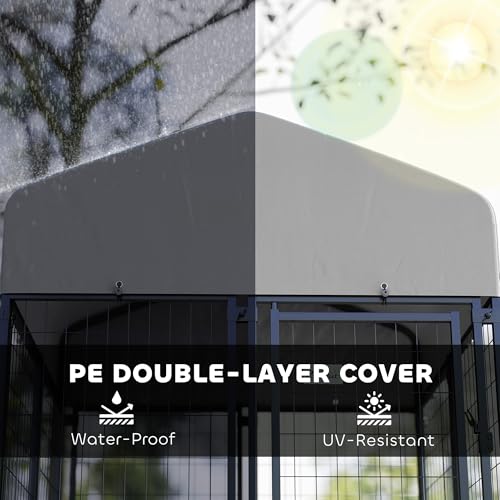 PawHut 4.6' x 4.6' x 5' Dog Kennel Outside, Welded Wire Outdoor Dog Kennel Run with Waterproof & UV Resistant Cover, for S&M Breeds, Chickens, Ducks, Black