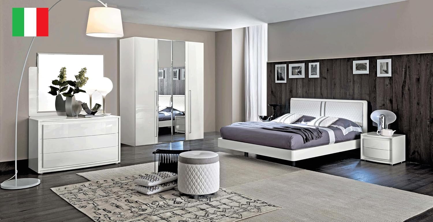 DAMA Bianca Modern Platform Bedroom 5 Pcs Bedroom Set Including Queen Bed, Single Dresser, Mirror and 2 Nightstand in White by ESF