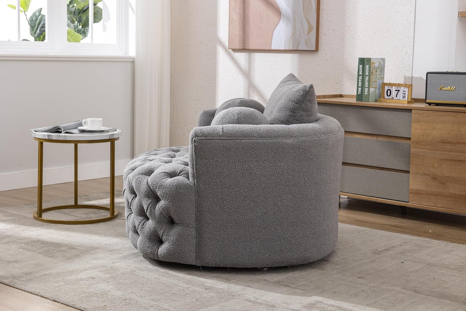 42.9" Oversized Swivel Accent Barrel Chair Chenille Tufted Upholstered Sofachair W/3 Pillows, Comfy Leisure Lounge Club Round Armchair Cozy Sofa & Chair for Home Apartment Office Hotel Living Room