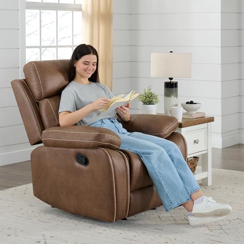 Leather Recliner Chair Manual Sofa Rocker for Adults with Overstuffed Arm for Living Room Bedroom Home Theater Seating, Brown