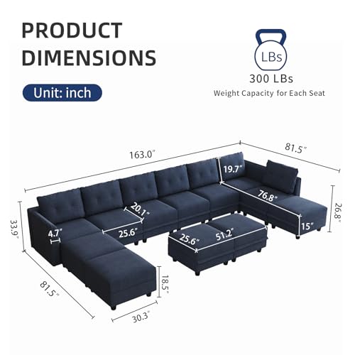 LLappuil Modular Sectional Sofa with Chaise, 8 Seater Reversible L Shaped U Shape Sectional Couch with Storage, Denim Blue