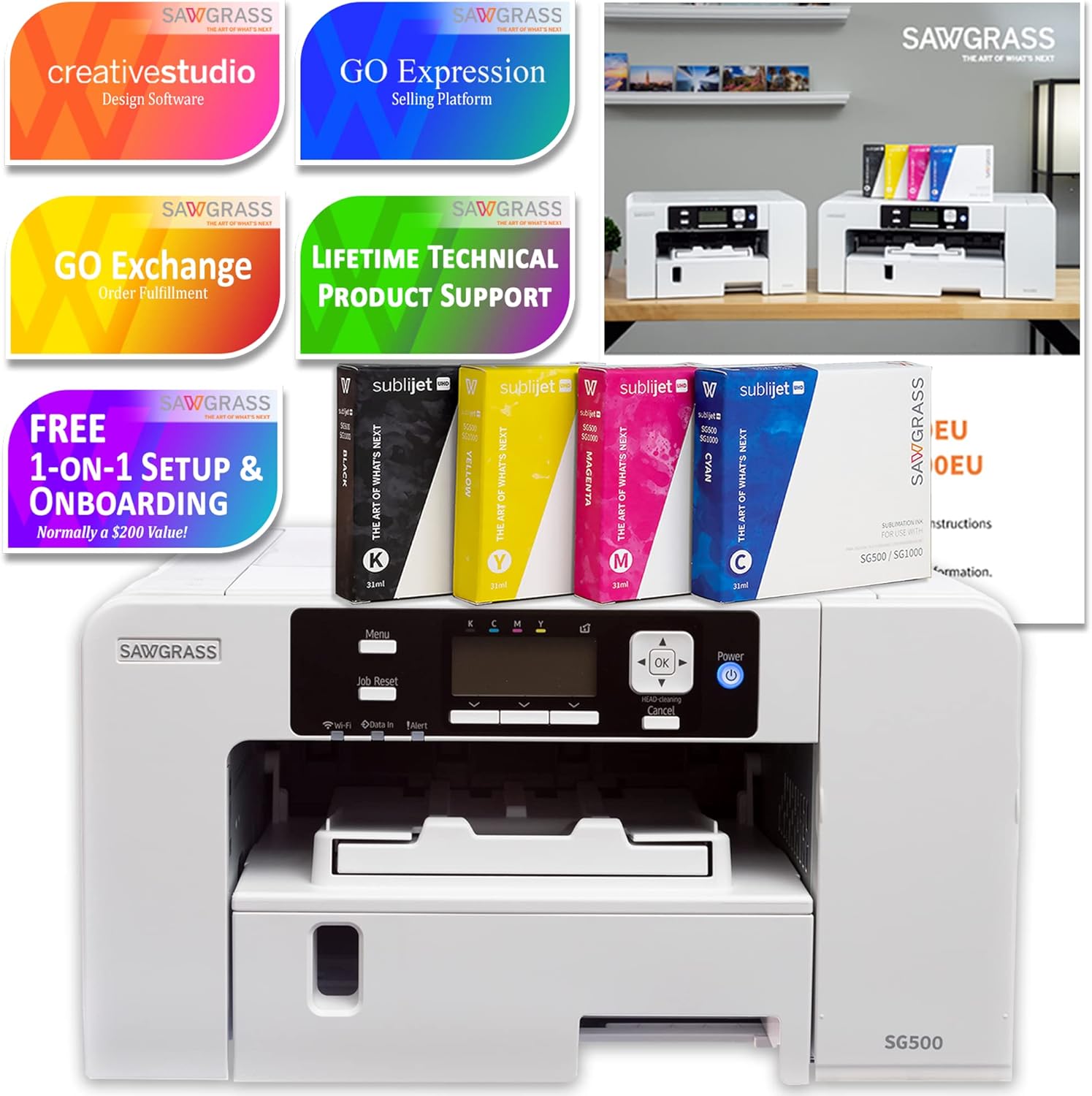 Sawgrass UHD Virtuoso SG500 Sublimation Printer Starter Bundle with Inks, Mug Heat Pres, Sublimation Paper, Tape, Blanks, Designs and Access to Exclusive Content
